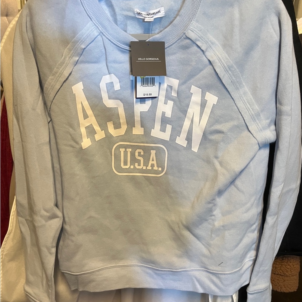 Grayson Threads Sky Blue Graphic ASPEN Sweatshirt. NWT